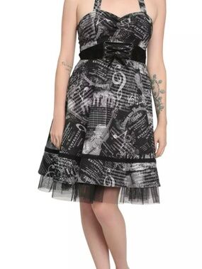 NEW Hot Topic Halter Steampunk Pinup Piano Music Corset Black White Dress Sz S